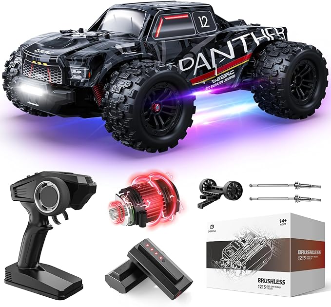 1/14 Brushless Fast Extreme 70kph 4X4 Off-Road Truck, 7 Lighting Modes Remote Control with 2 Li-ion Batteries, Electric Large Truggy for Snow Sand